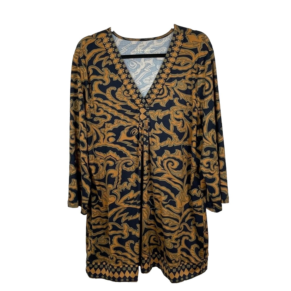 Soft Surroundings Tunic Top Women XL 3/4 Sleeves Studded Embellished V Neck Boho